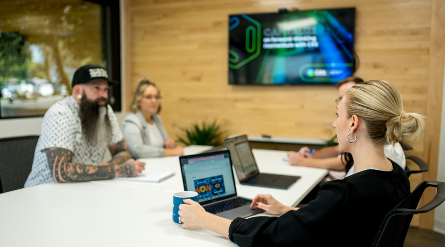 Team sitting in the office.